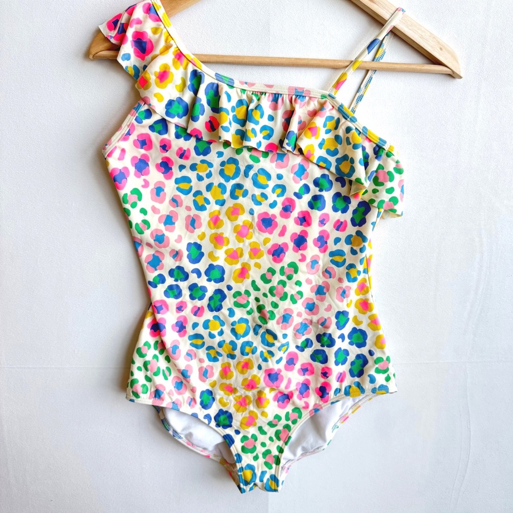 Boden Girls Multicolor Leopard Print Ruffle One Shoulder Swimsuit 13-14Y 164cm